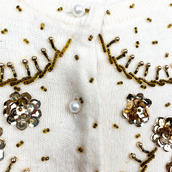 Vintage Lambswool Angora Blend Beaded Fall Leaf Cardigan in Off White - Picture 8 of 12
